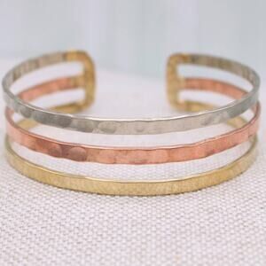 Triple Line Mixed Metal Hammered Cuff Bracelet